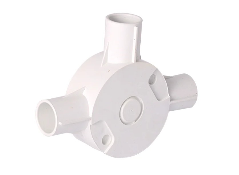 This is a PVC conduit box designed for electrical installations, featuring a three-way configuration and compatible with 20mm conduit.