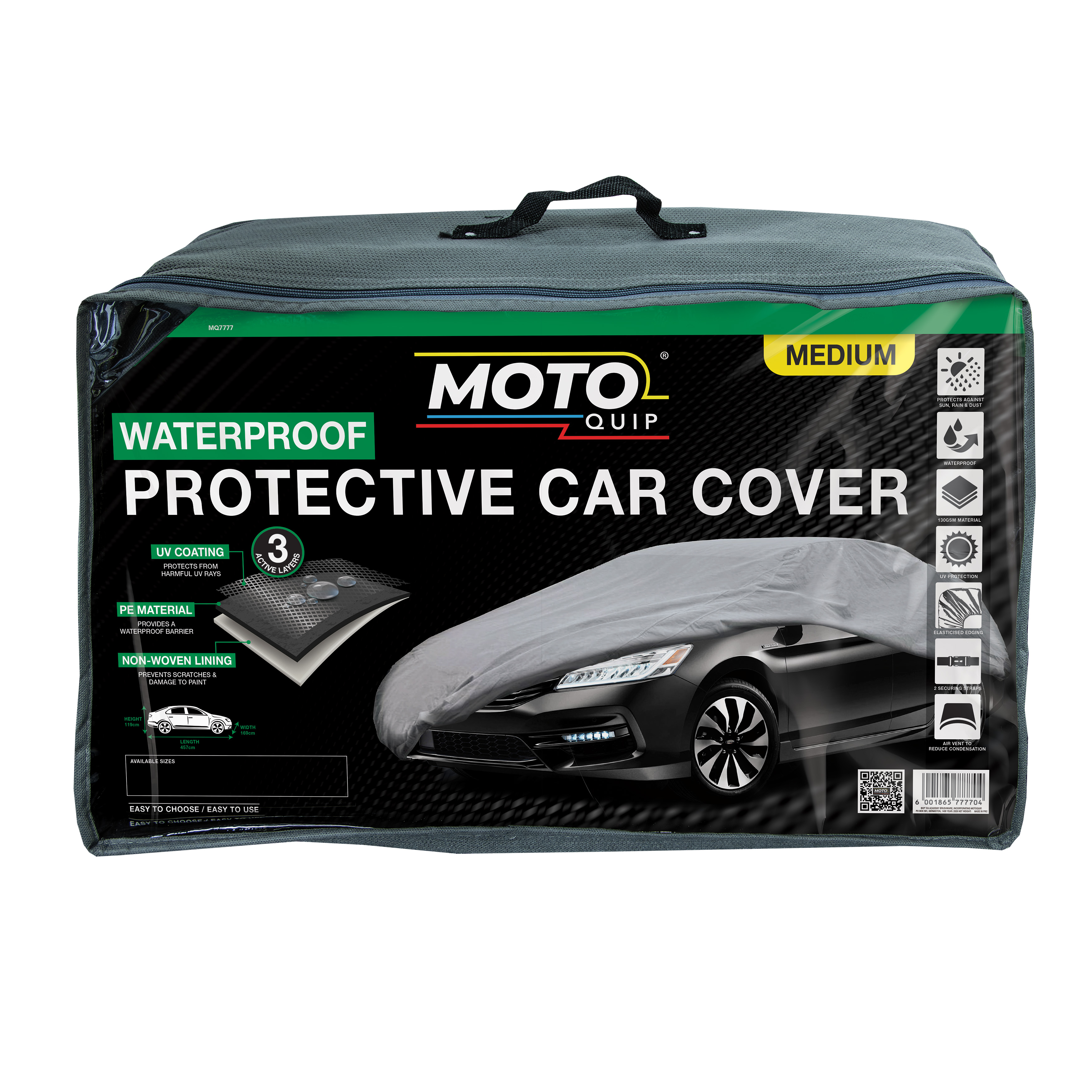 This waterproof car cover, size 457 x 169, is built to fit vehicles between 4.1 meters and 4.3 meters long securely.