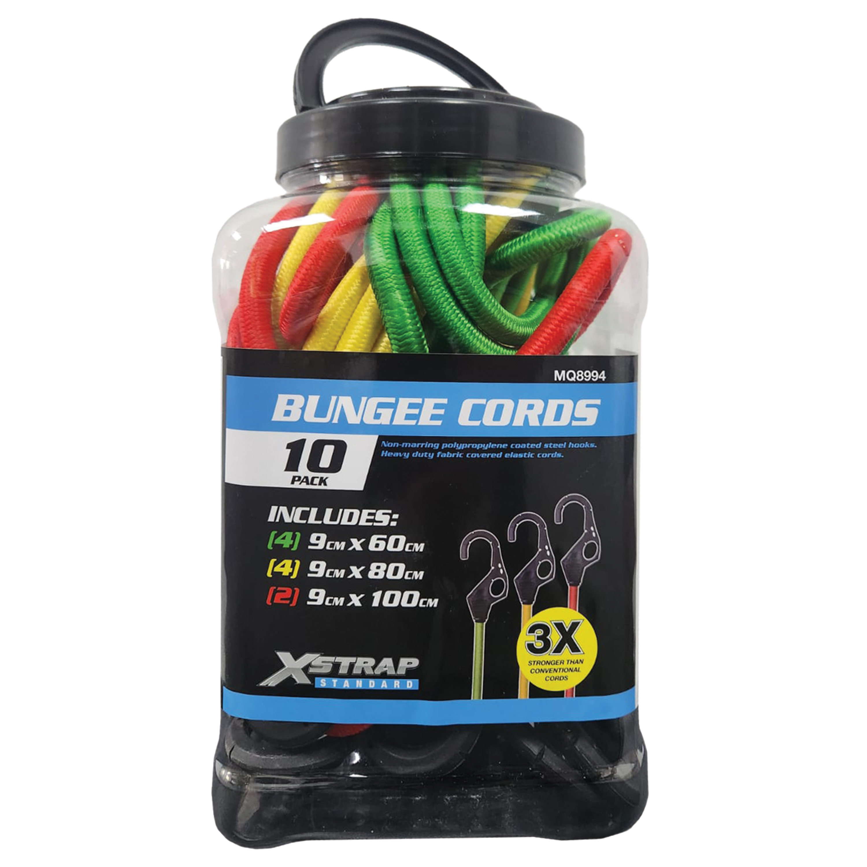 A convenient 10-pack of assorted bungee cords, offering versatility and a reliable supply for securing needs.