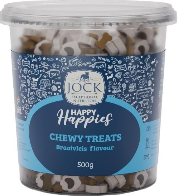 Get ready for some tail-wagging fun with Jock Happy Happies Chewy Dog Treats  Braaivleis Flavour! These soft, chewy treats are a delicious and nutritious reward for dogs of all sizes, perfect for training sessions or as a special surprise to show your furry friend some love. Packed with mouthwatering Braaivleis flavour, theyre sure to make every treat moment extra exciting. Spoil your pup and watch their tail wag with joy with Jock Happy Happies!