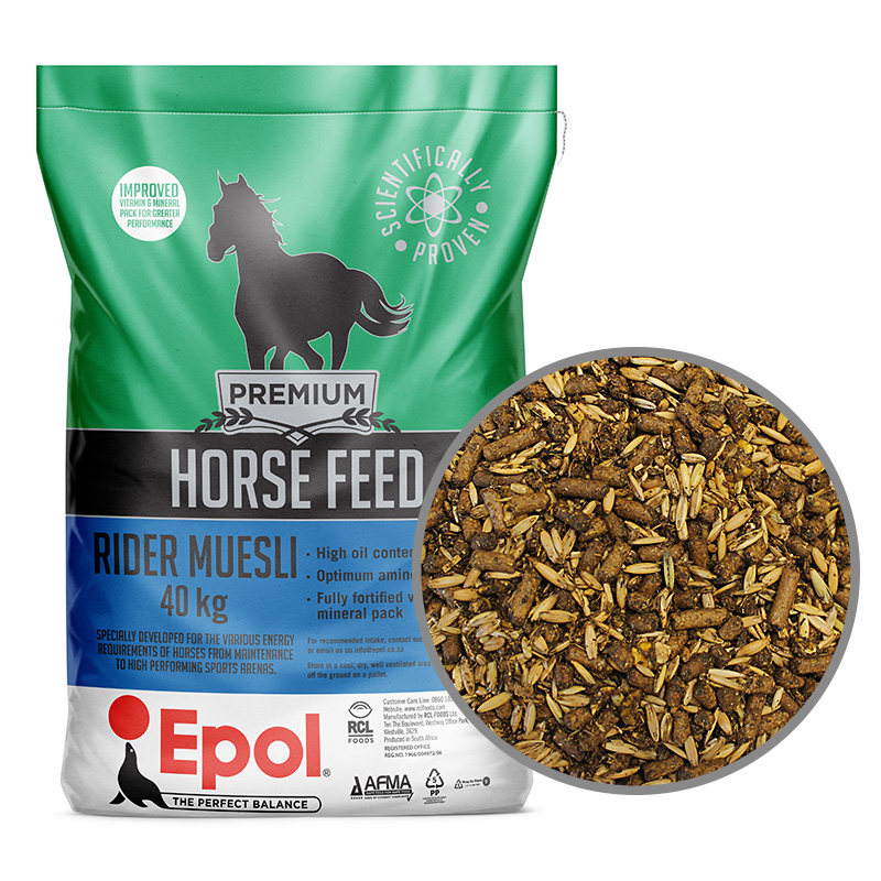 Epol Rider Muesli is a highly palatable, textured feed specifically formulated for the high-performance sport horse. It provides sustained energy by combining multiple energy sourcesincluding fibres, fats, oils, and premium cereal grainsensuring that