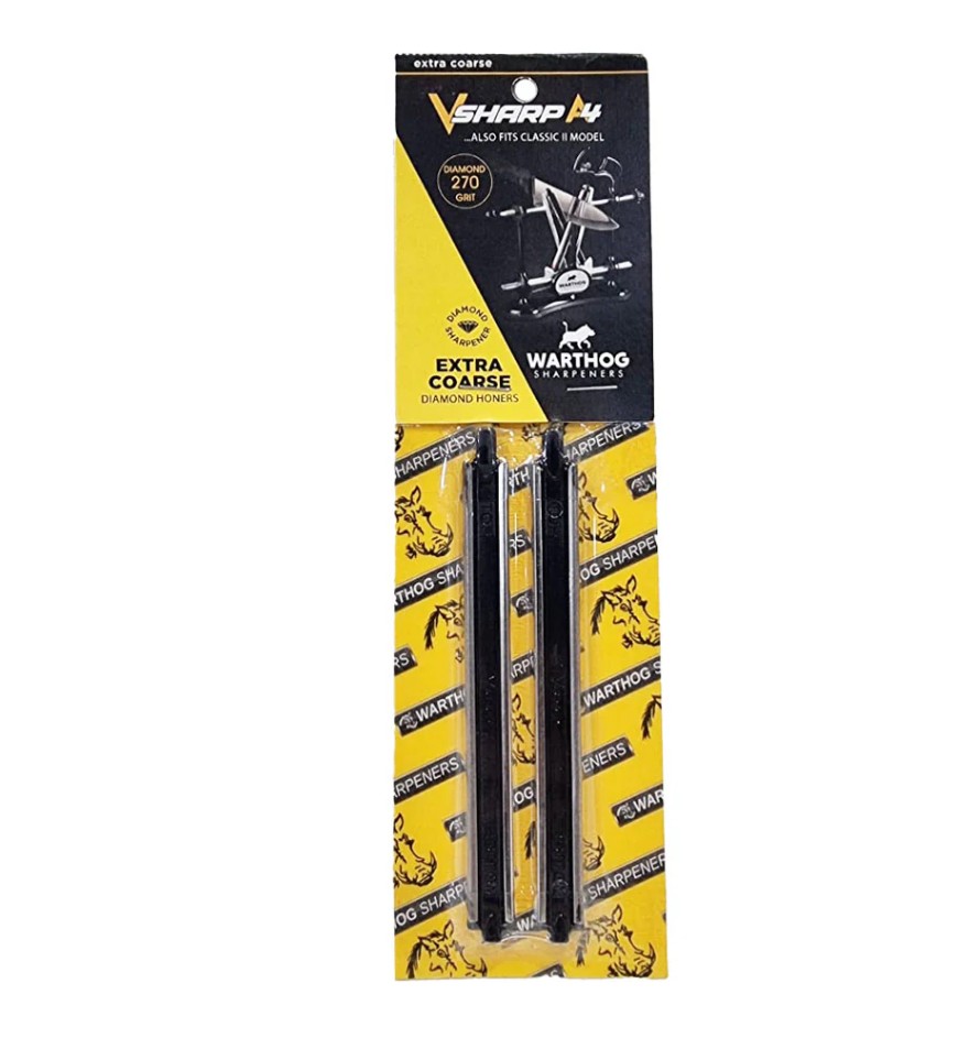 The Warthog V-Sharp Classic II Diamond Stones Knife Sharpener  Extra Coarse, 270Grit sharpens the blade on both sides simultaneously. It is ideal for kitchen knives, fillet, hunting, and most other smooth edge knive. This Knife sharpener is for all hobbyists. A perfect kitchen knife sharpener for home chefs, pros, outdoorsmen, and other hobbyists.