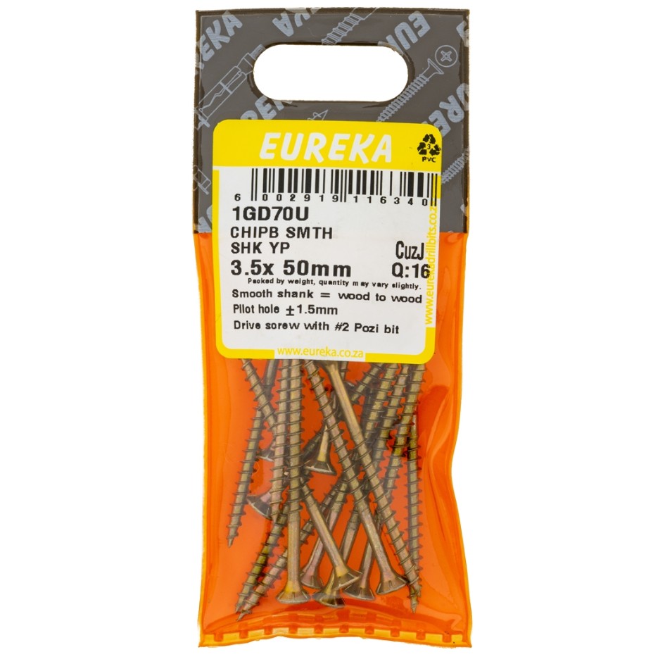 Chipboard Screws are ideal for chipboard and softer types of wood.The smooth shank part of the screw allows it to spin in the top piece of wood and at the same time pull the bottom piece tightly against the top piece, thus leaving no gap between the two.The smooth shank prevents the screw head from pulling into the top piece of wood while it is driven into the bottom piece.These screws feature Pozi drive heads.They are yellow passivated and have great weather resistance.