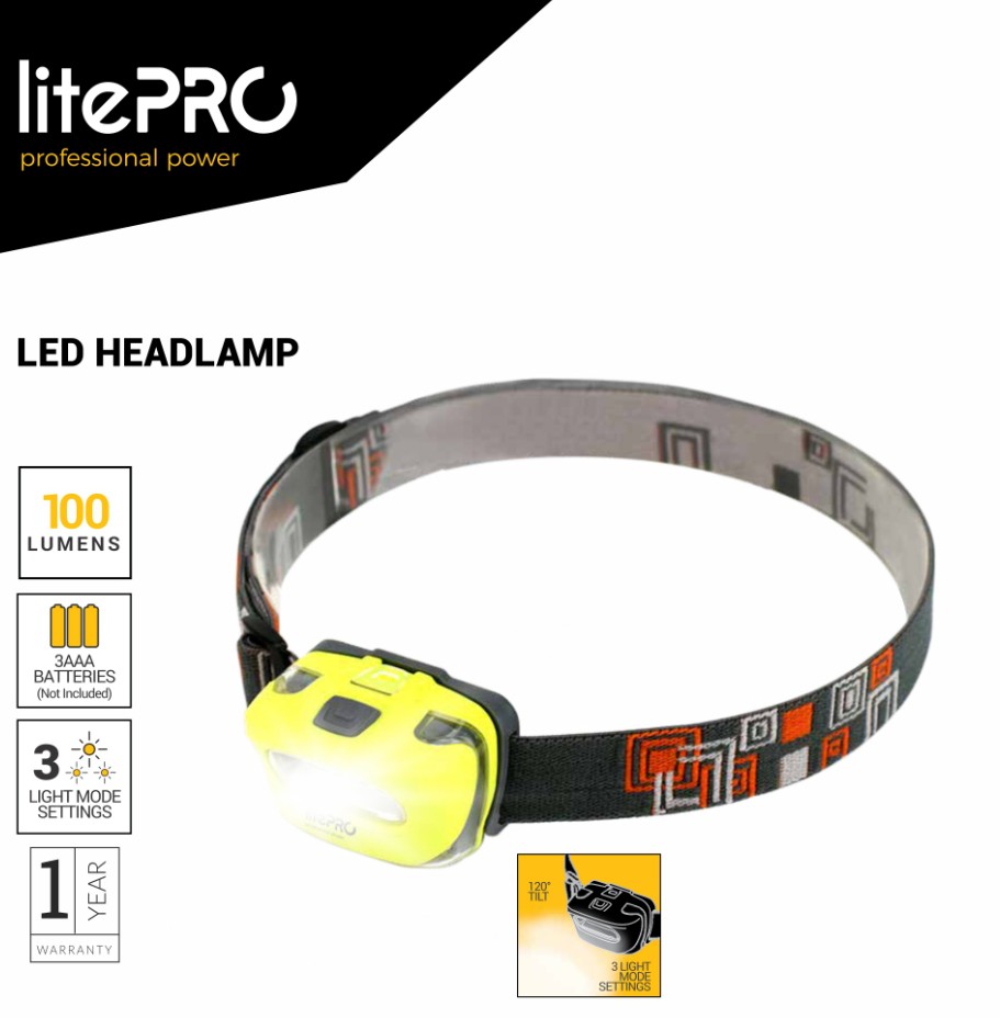 This cob headlamp delivers 100 lumens of brightness and runs on three AAA batteries (not included). It offers multiple lighting modes100%, 50%, strobe, and offfor versatile use, and features an adjustable head for comfortable, hands-free operation. With an IP65 waterproof rating, it is durable and suitable for outdoor and demanding environments.