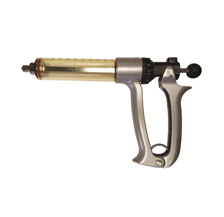 Semi Automatic Syringe. Dosage is adjustable between 1ml and max 5ml per dose. Constructed with durable plastic and plexi glass.