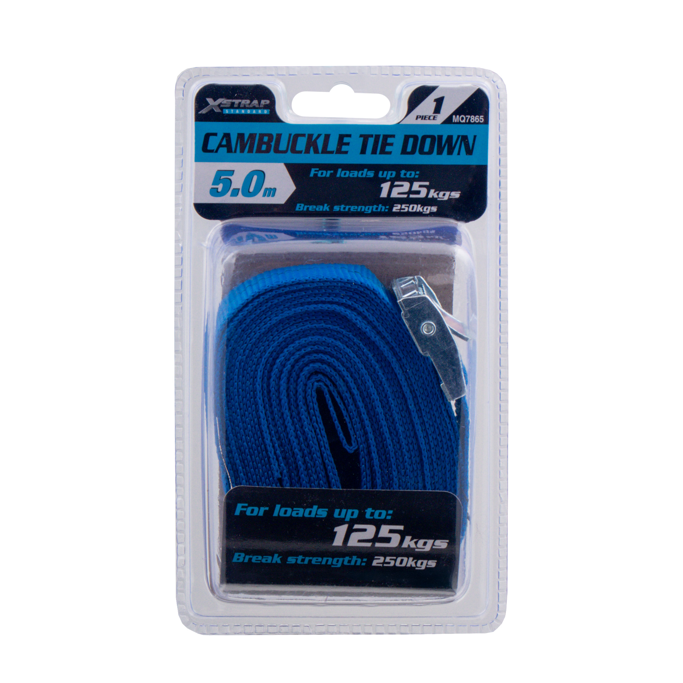 This cam buckle tie-down features a 250kg breaking strength and a secure 125kg working load limit for safety.