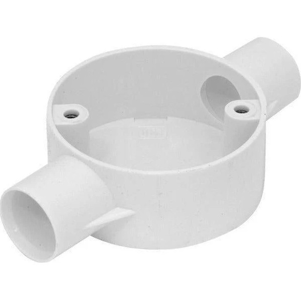 This is a PVC conduit box designed for electrical installations, featuring a two-way configuration and compatible with 20mm conduit.