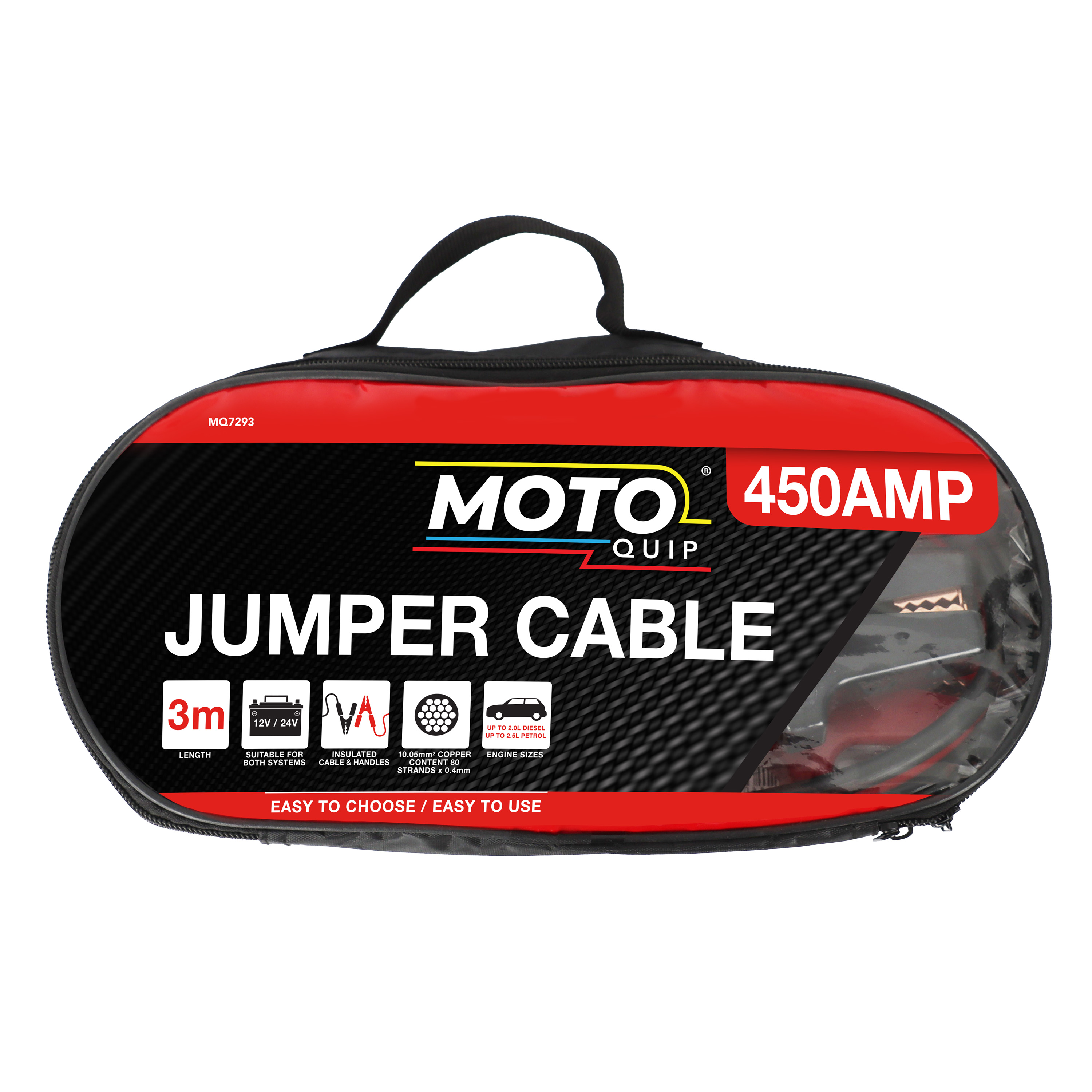 Heavy-duty 450-amp cables featuring 10mm² copper wiring and metal clamps, reaching a substantial 3-meter length.