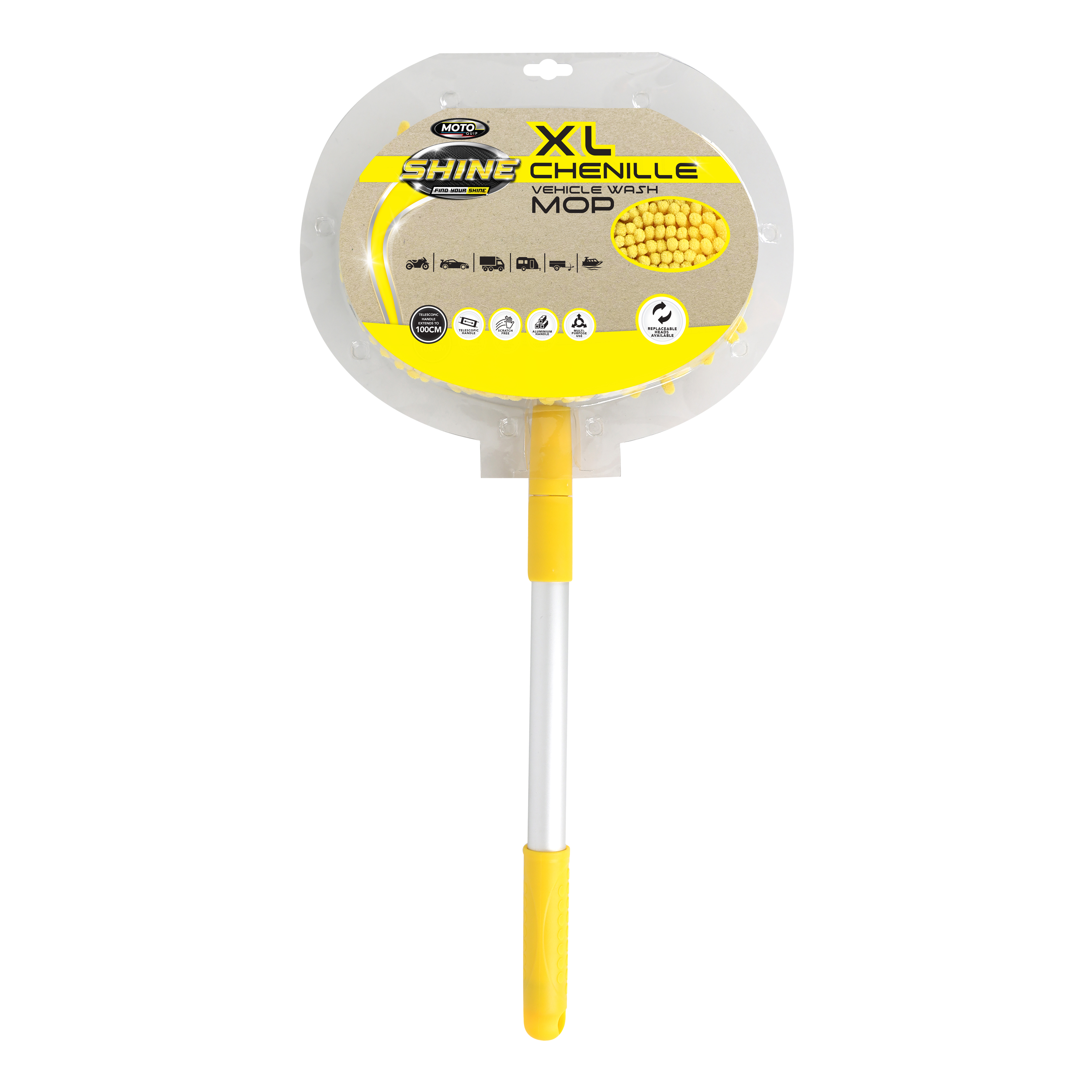 This car mop features a chenille head on a durable aluminum handle for gentle, scratch-free cleaning.