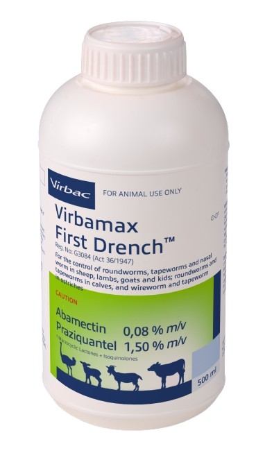 Oral anthelmintic for the control of round- worms, tapeworms and nasal bot in sheep, lambs, goats and kids. Wireworm and tapeworm in ostriches. Roundworms and tapeworms in calves. COMPOSITION: Abamectin 0,08% m/v, praziquantel 1,50% m/v. COMPOSITION: Abamectin 0,08% m/v, praziquantel 1,50% m/v. Roundworm, nasal worm and tapeworm remedy for sheep, goats, cattle and ostriches Controls Australian itch mite 25ml per 10kg body mass. Effective against all 4 types of tapeworms, milk, serrated, narrow and liver tapeworm. Ovicidal: Roundworm eggs present in the animal at the time of dosing are prevented from hatching.