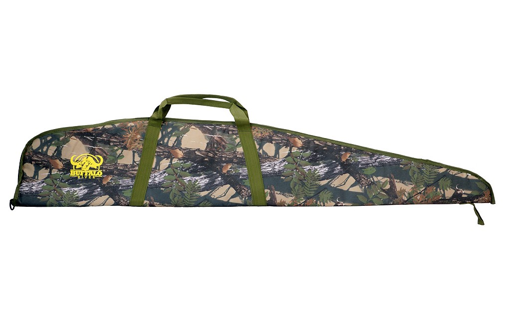 The Buffalo River 48? Camo Economy Gun Bag is designed for hunting enthusiasts, offering a durable ballistic nylon outer shell with foam padding for reliable firearm protection. It features a black PU lining and a zipper that runs from the middle to the bottom for easy access, making it especially suitable for transporting long guns fitted with telescopic sights.