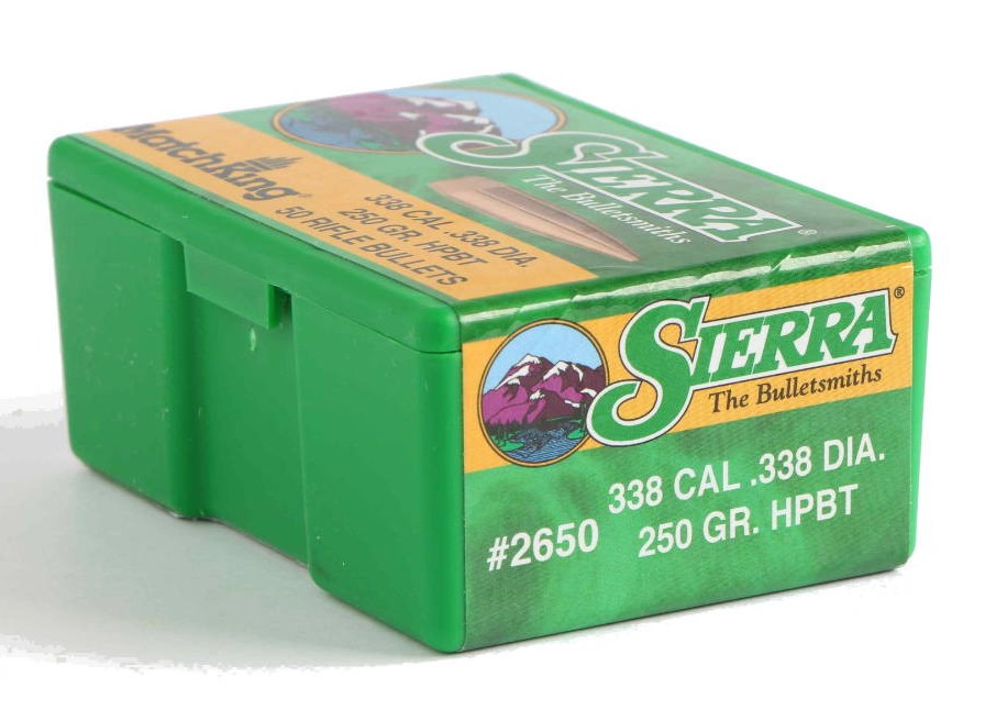 The Sierra MatchKing .338 caliber 250 grain Hollow Point Boat Tail (HPBT) bullet is a precision-engineered match projectile designed for long-range accuracy and consistency. Featuring a sleek profile, hollow point tip, and boat-tail base, it offers a high ballistic coefficient for reduced drag and improved stability in flight. Commonly used in cartridges like the .338 Lapua Magnum, it is favored by competitive shooters and long-range enthusiasts for its tight tolerances and reliable performance, though it is intended for target shooting rather than hunting.
