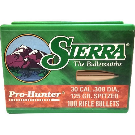 The Sierra Bullets Pro?Hunter .30 Cal 125gr SPT (#2120) reloading bullets are packaged in a factory 100?count cardboard box designed for secure storage and transport. The box measures approximately 89?mm in length, 61?mm in width, and 30?mm in height, and contains an internal plastic tray that holds the bullets in place to prevent movement or damage. This packaging format is typical for Sierra rifle bullets and ensures the projectiles remain protected and organized for reloaders during handling and storage.
