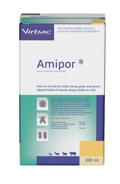 Controls ticks, house flies, stable flies and face flies on cattle. Kills biting and sucking lice on cattle. Controls Karoo Paralysis ticks on sheep. Kills Red lice on sheep and goats. Controls ticks on game. COMPOSITION : Amitraz 1% m/v, cypermethrin 1% m/v, piperonyl butoxide 5% m/v. COMPOSITION : Amitraz 1% m/v, cypermethrin 1% m/v, piperonyl butoxide 5% m/v. CATTLE AND GAME : Use 10ml per 100kg body mass. SHEEP AND GOATS : Controls Karoo Paralysis ticks on sheep Use 2ml per 10kg body mass. Kills red lice in sheep and goats Use 4ml per 10kg body mass.