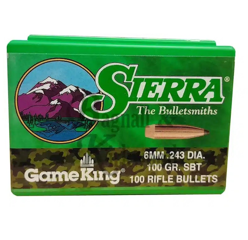The Sierra Bullets Reloading Points GameKing SBT 6mm 100gr is a hunting bullet designed to deliver dependable accuracy and strong field performance. It features a Spitzer Boat Tail (SBT) design that improves aerodynamics, allowing for a flatter trajectory, better velocity retention, and reduced wind drift. The bullets precision?engineered copper jacket and lead core promote controlled expansion and reliable penetration on game. Suitable for a variety of 6mm (.243) cartridges, the 100?grain GameKing is a popular choice for reloaders seeking consistent performance for medium?sized game hunting.
