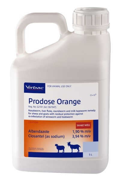 Nasal bot, liver fluke, roundworm and milk tapeworm remedy for sheep and goats with residual protection against re-infestation of wireworm and hookworm. COMPOSITION : Albendazole 1,90% m/v, Closantel (as sodium) 3,94% m/v. COMPOSITION : Albendazole 1,90% m/v, Closantel (as sodium) 3,94% m/v. Dosage: Roundworm, liver fluke and Milk tapeworm : 2ml per10 kg. 5 Weeks residual against wireworm and 2 weeks residual against hookworm. Ovicidal: Roundworm eggs present in the animal at the time of dosing are prevented from hatching.
