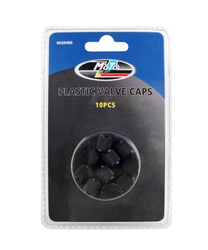 A simple, bulk pack of 10 black plastic valve caps, offering standard, reliable protection against dirt and moisture.