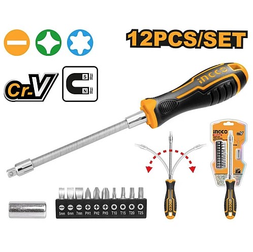 12 Pieces Flexible shaft screwdriver set Includes: 1 piece Flexible shaft handle 1 piece 4 - 6 mm (25 mm) bits adaptor 10 pieces 6.35 x 25 mm screwdriver bits: SL5, SL6, SL7, PH1, PH2, PH3, T10, T15, T20, T25 Packed by half double blister.