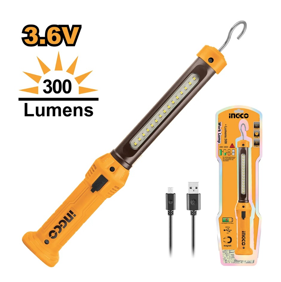 The Ingco 2-setting work lamp with USB charging, 3.5W (Skillcraft) is a compact and versatile lighting solution for workshops, workbenches, or portable use. It features two brightness settings, allowing you to adjust the light output to suit your needs, and includes a USB charging line for convenient recharging. Lightweight and easy to carry, this 3.5W lamp provides efficient illumination wherever its needed.