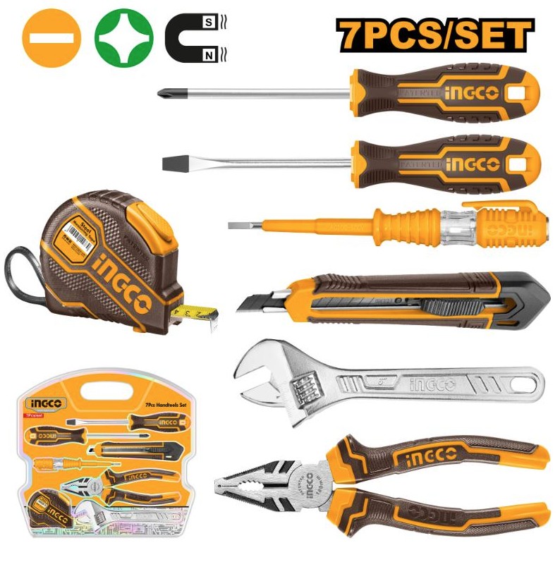 The 7-piece hand tool set provides a versatile collection of essential tools for both professional and DIY use. It includes a 7-inch combination pliers, a test pencil for checking voltages between 100500 VAC, a 6-inch adjustable wrench, and a 9 mm snap-off blade knife. The set also features a flathead SL5.5 × 100 mm screwdriver, a Phillips PH1 × 100 mm screwdriver, and a 3-meter steel measuring tape, offering a complete range of tools for various tasks in one convenient kit.