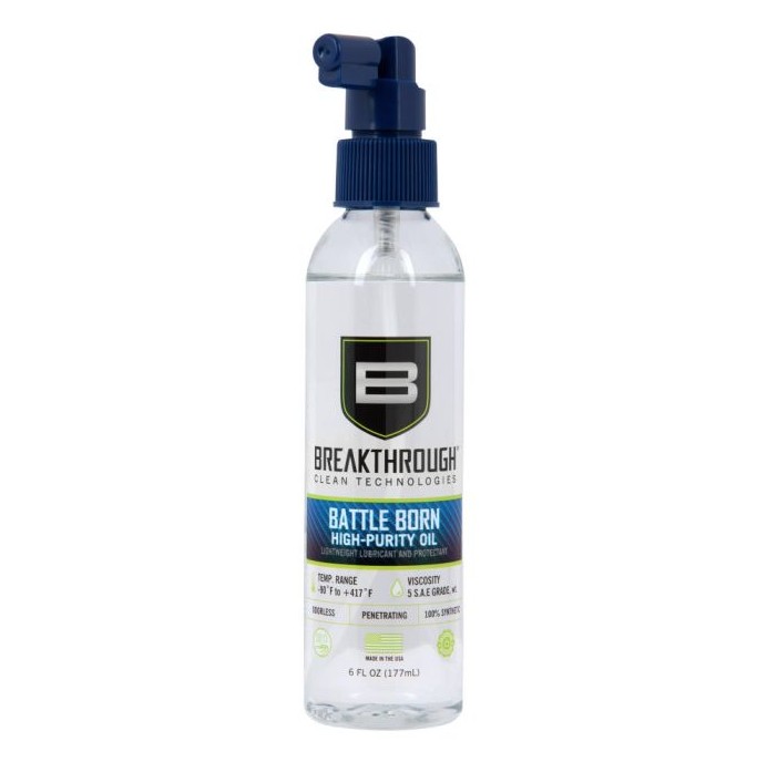 The Breakthrough Clean Technologies® Battle Born High-Purity Oil is a low-viscosity, general-purpose lubricant formulated as a lighter version of the brands HP Pro Oil, using a blend of 100% synthetic, high-quality gun oils. It is non-toxic and odorless, and includes advanced anti-rust, anti-foam, and anti-wear additives to deliver reliable lubrication and long-lasting corrosion protection even under extreme pressure and a wide temperature range. Designed to protect firearms and maintain smooth operation, it helps prevent rust buildup while remaining safe for use on metal, plastic, and polymer components. The oil performs effectively across broad temperature extremes and is supplied in a convenient 2 oz bottle with an applicator for controlled, mess-free use, making it suitable for regular firearm maintenance and care.