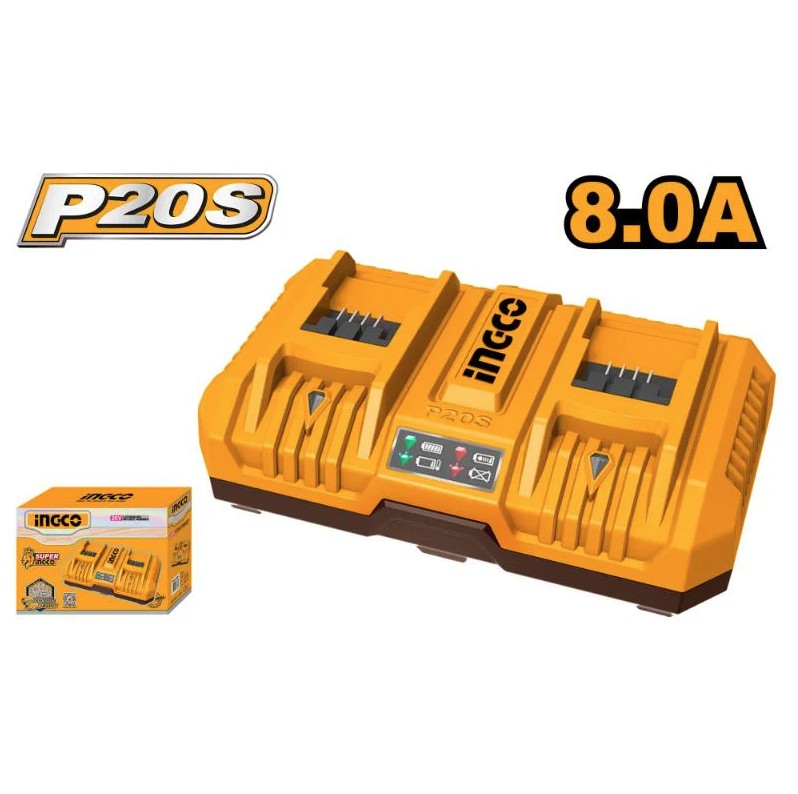 The Ingco 20V PS+ dual charger 8A is a high-capacity charging solution designed for Ingcos 20V lithium-ion battery platform. With its powerful 8A output, it can charge two batteries simultaneously, helping to maximize efficiency and minimize downtime for both professionals and DIY users. Equipped with a smart charging system, it provides protection against overcharging and overheating, ensuring safe and reliable operation. LED indicators clearly display the charging status, while its durable construction makes it suitable for use in workshops and on job sites. The charger is fully compatible with all Ingco 20V lithium-ion batteries, offering a convenient and dependable power management solution.o