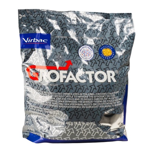 Is a medicated feed premix used in the final finishing stage (30 days prior to slaughter) of feedlot cattle to improve the efficiency of feed conversion, weight gain, carcass yield and to reduce carcass fat in cattle. Contains 48% Zilpaterol hydrochloride. Contains 48% Zilpaterol hydrochloride. Grofactor is nearly 100% bioavailable following oral ingestion and almost completely eliminated within 72 hours - 3 day withdrawal. Stavigro technology ensures ensures the stability and uniformity of ZH in Grofactor and ensures homogenous mixing into feed.