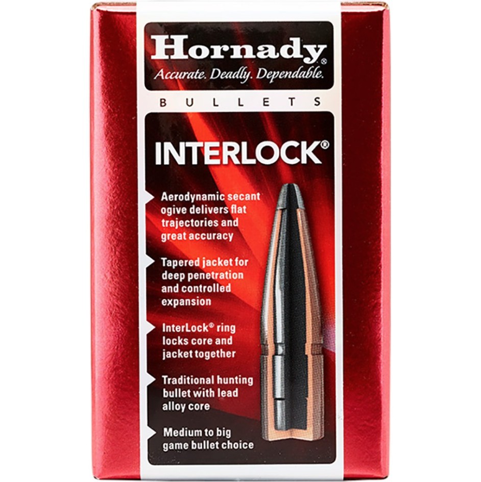 The Hornady InterLock bullet is purpose-built for dependable and effective hunting performance, delivering consistent results in the field. Its exclusive InterLock Ring design keeps the core and jacket securely locked together during expansion, allowing the bullet to retain more mass, energy, and momentum upon impact. This efficient energy transfer enhances terminal performance and provides reliable stopping power, earning it a strong global reputation among serious hunters. These are component bullets only and not loaded ammunition. They are manufactured in the United States of America.
