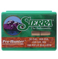 The Sierra Pro?Hunter .30 caliber 220 grain Round Nose (RN) bullet is a heavy, flat?base hunting projectile designed for deep penetration and reliable expansion at moderate velocities. Its round nose profile enhances feeding and ensures consistent performance at shorter ranges, while the high sectional density allows it to retain momentum and penetrate effectively on larger, tougher game. Commonly used in cartridges like the .30?06 Springfield, it is well suited for close to medium range hunting where strong terminal performance and dependable energy transfer are required.