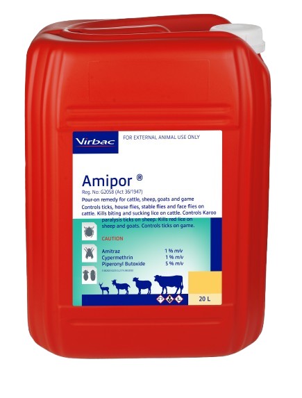 Controls ticks, house flies, stable flies and face flies on cattle. Kills biting and sucking lice on cattle. Controls Karoo Paralysis ticks on sheep. Kills Red lice on sheep and goats. Controls ticks on game. COMPOSITION : Amitraz 1% m/v, cypermethrin 1% m/v, piperonyl butoxide 5% m/v. COMPOSITION : Amitraz 1% m/v, cypermethrin 1% m/v, piperonyl butoxide 5% m/v. CATTLE AND GAME : Use 10 ml per 100 kg body mass. SHEEP AND GOATS : Controls Karoo Paralysis ticks on sheep Use 2ml per 10kg body mass. Kills red lice in sheep and goats Use 4ml per 10kg body mass.