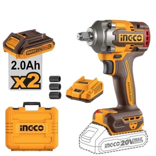 This tool features a powerful brushless motor and a 1/2" square drive, delivering no-load speeds of 01,600, 01,900, and 02,300 rpm, with an impact rate of 02,100, 02,500, and 02,900 bpm. It provides a maximum fastening torque of 400 Nm and includes an integrated LED work light for improved visibility in low-light conditions. The kit comes complete with a 20V charger (FCLI2001) compatible with 220240V ~ 50/60Hz power, two 2.0Ah battery packs (FBLI20011), and three sockets sized 17 mm, 19 mm, and 21 mm, making it a comprehensive solution for demanding fastening tasks.