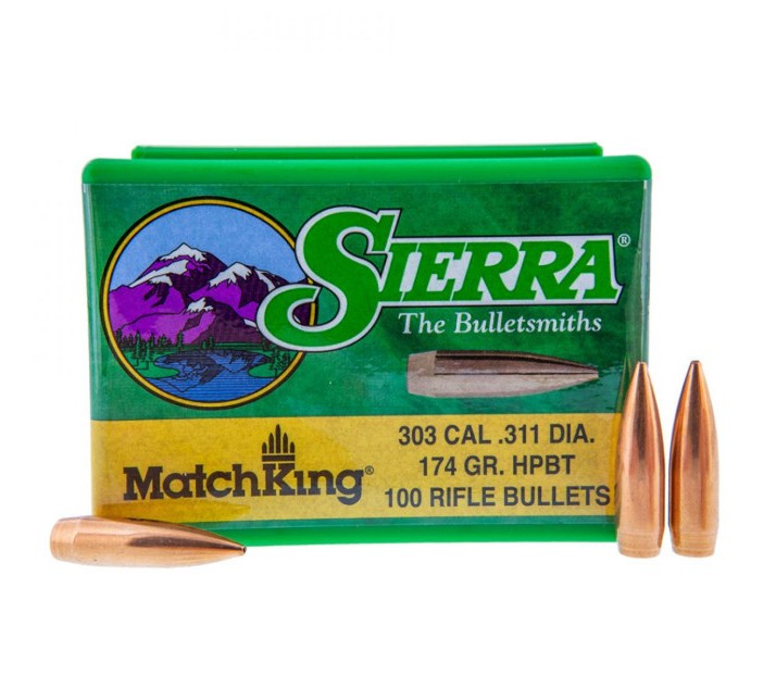 The Sierra MatchKing .303 caliber 174 grain Hollow Point Boat Tail (HPBT) bullet is a precision match projectile designed for consistent accuracy and reliable performance in rifles chambered for .303 British and similar cartridges. Featuring a streamlined profile with a hollow point tip and boat-tail base, it offers a high ballistic coefficient for improved stability, reduced wind drift, and enhanced long-range capability. Manufactured to tight tolerances, it is widely favored by target shooters and competitors for its uniformity and accuracy, and is intended for target shooting rather than hunting.