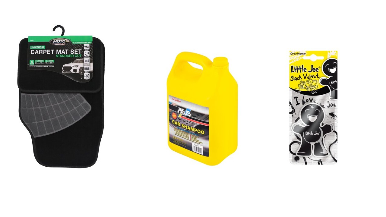 This combo set includes mats, 5L shampoo, and the distinctive Black Velvet (BV) Little Joe freshener.