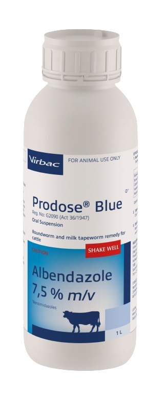 Roundworm and milk tapeworm remedy for cattle. COMPOSITION: Albendazole 7,5% m/v. COMPOSITION: Albendazole 7,5% m/v. Dosage: 1ml/10kg body mass. Roundworm and tapeworms: Milk tapeworm (Moniezia spp): Class 1. Ovicidal: Roundworm eggs present in the animal at the time of dosing are prevented from hatching.
