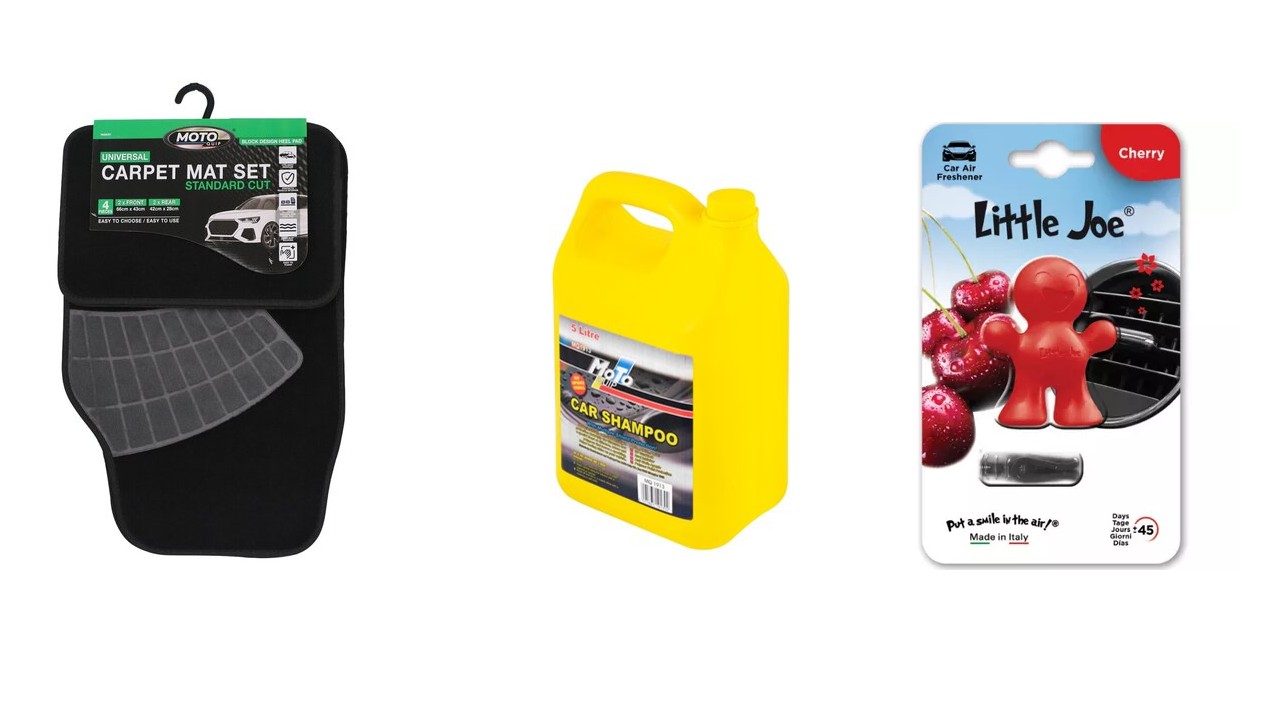 A useful combo set featuring car mats, 5L shampoo, and the vibrant Red Cherry Little Joe air freshener.