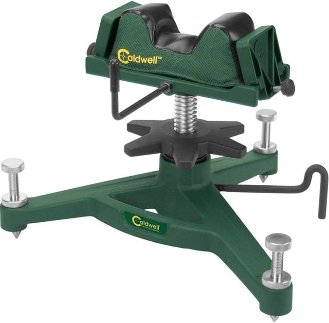 The Caldwell The Rock JR shooting rest features a stable 4 lb cast iron base, with an overall weight of approximately 5 lbs for enhanced durability and support. It is equipped with a ¾-inch diameter steel post that allows for secure and smooth elevation adjustments up to 7¼ inches in height. The rest includes interchangeable non-slip rubber feet or metal spike feet for versatility on different surfaces, and comes complete with a filled medium varmint front bag for immediate use and reliable firearm support.