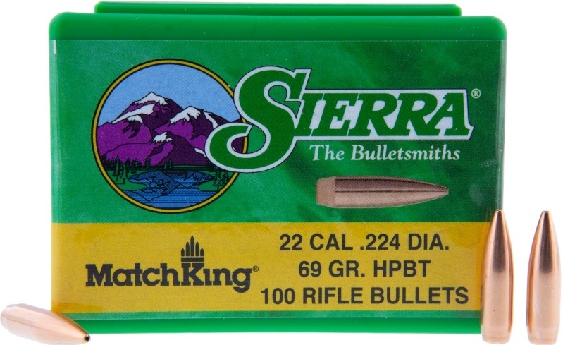The Sierra MatchKing .22 caliber (0.224") 69-grain HPBT bullets are precision projectiles commonly used for reloading. Designed for high accuracy, these hollow-point boat-tail (HPBT) bullets are part of Sierras renowned MatchKing line, making them a popular choice among competitive shooters and precision rifle enthusiasts alike.