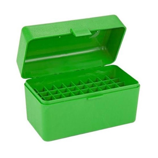The MTM RM-50-10 is a durable, green, 50-round flip-top rifle ammo box, made in the USA from scuff-resistant polypropylene, designed for cartridges from .22-250 up to .308 Win (max length 3.04"), featuring a secure snap-lock latch, stackable feet, and a robust mechanical hinge with MTM's 25-year guarantee, perfect for organizing and protecting your valuable rifle ammunition. 