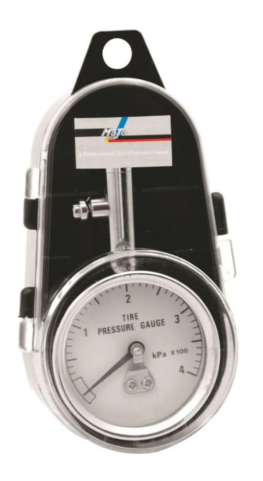A heavy-duty metal tire pressure gauge, packaged in a plastic case and offering ANSI Grade B accuracy.
