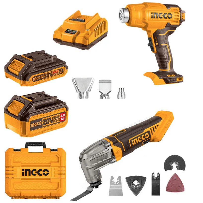 The Ingco 20V PS+ Cordless Heat Gun and Multi-Tool Kit is a versatile solution designed for a wide range of DIY and professional applications. Powered by a 20V lithium-ion battery (sold separately), the cordless design offers portability and convenience without compromising performance. The kit includes a heat gun for tasks such as paint stripping, shrink tubing, or plastic welding, and a multi-tool capable of sanding, cutting, and scraping in tight spaces. Compact and lightweight, this combination kit ensures precision, efficiency, and flexibility for both workshop and on-site projects.