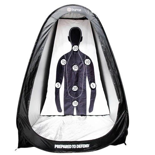 The Byrna Target Tent is a portable and foldable training setup designed to create a safe and convenient shooting practice environment. Built with a lightweight yet durable frame and reinforced fabric, it is easy to set up, collapse, and transport, making it suitable for both field and home use. When deployed, it provides a large target area for realistic practice, while its compact folded form allows for simple storage and mobility. Overall, it offers a practical and reusable solution for structured target training.