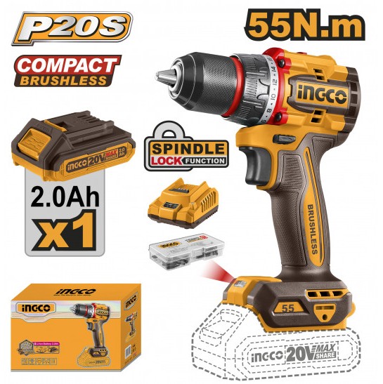 The Ingco Cordless Drill Kit (20V PS+ with 55Nm torque and a 2.0 Ah battery) offers a compact and efficient solution for a variety of drilling and fastening tasks. Powered by a reliable 20V battery system, this kit includes the drill, a charger, and a durable carry case for easy transport and storage. Its brushless motor ensures longer runtime and better performance, making it suitable for both professional and DIY users who need a powerful yet portable cordless drilling tool.