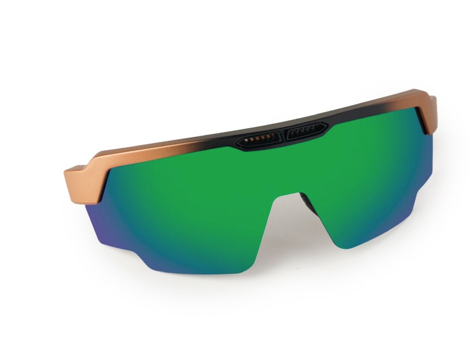 A pair of Raptor sunglasses featuring a shiny, non-rubberised frame, designed with green lenses that provide a clean, sporty look along with comfortable everyday wear.