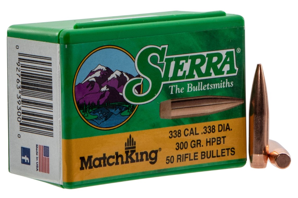 The Sierra MatchKing .338 caliber 300 grain Hollow Point Boat Tail (HPBT) bullet is a heavy, high-performance match projectile designed for extreme long-range precision shooting. Featuring a streamlined profile, hollow point tip, and boat-tail base, it delivers an exceptionally high ballistic coefficient for superior stability, reduced wind drift, and consistent accuracy at extended distances. Commonly used in powerful cartridges like the .338 Lapua Magnum, it is favored by competitive shooters and long-range enthusiasts for its uniform construction and reliable performance, and is intended for target shooting rather than hunting.