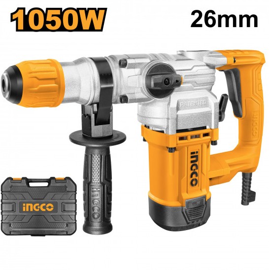 The Ingco 1050W Rotary Hammer Drill with BMC is a powerful tool designed for heavy-duty drilling and chiseling in concrete, masonry, and other tough materials. Supplied in a durable blow-molded case, it offers professional-grade performance with ergonomic handling and enhanced control. The kit typically includes the rotary hammer, auxiliary handle, depth gauge, and a selection of drill bits, making it ready for demanding construction and renovation tasks. Its robust design and high power output make it ideal for both professional tradespeople and serious DIY users who require precision, reliability, and portability in a single package.