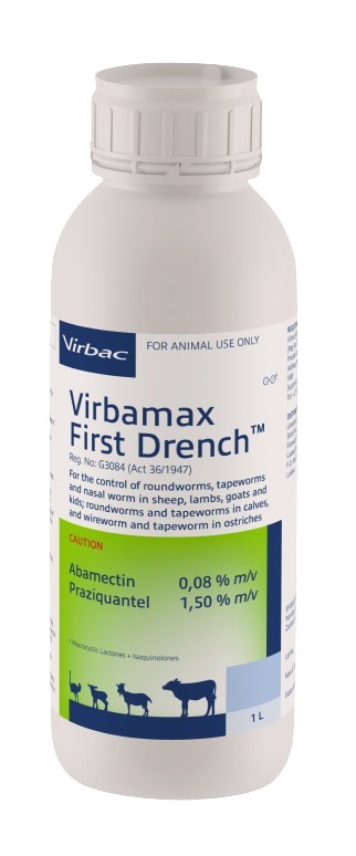 Oral anthelmintic for the control of roundworms, tapeworms and nasal bot in sheep, lambs, goats and kids. Wireworm and tapeworm in ostriches. Roundworms and tapeworms in calves. COMPOSITION: Abamectin 0,08% m/v, praziquantel 1,50% m/v. COMPOSITION: Abamectin 0,08% m/v, praziquantel 1,50% m/v. Roundworm, nasal worm and tapeworm remedy for sheep, goats, cattle and ostriches controls Australian itch mite 25ml per 10kg body mass. Effective against all 4 types of tapeworms, milk, serrated, narrow and liver tapeworm. Ovicidal: Roundworm eggs present in the animal at the time of dosing are prevented from hatching.