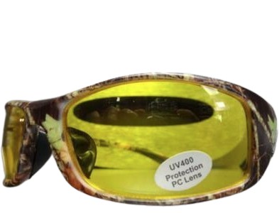 The Raptor sunglasses showcase a striking camo frame paired with vibrant yellow lenses, creating a bold and sporty appearance. The lenses are designed to enhance contrast and visibility, making them suitable for outdoor activities and varying light conditions. Built for both comfort and durability, these sunglasses deliver a distinctive look while providing reliable everyday performance.