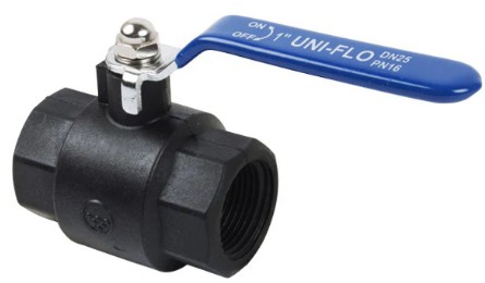 This nylon ball valve features a durable steel handle, a chrome-plated ball, and PTFE seals for reliable performance and leak resistance. It is designed to operate at pressures of up to 16 bar.