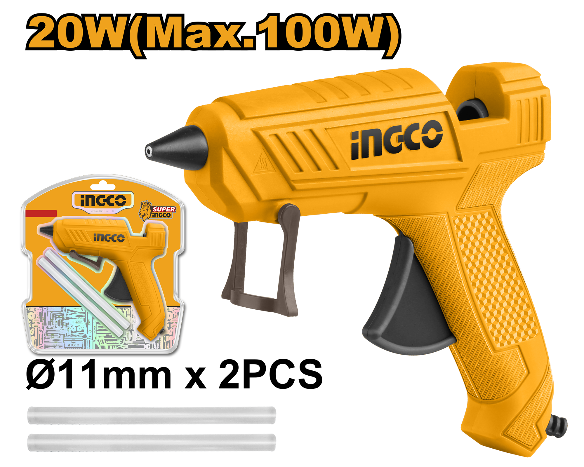 Voltage: 220 - 240V ~ 50/60Hz. Input power: 20W (100W). Gluing capacity: 13 - 18 g/min. Glue stick diameter: 11.2 mm. Includes: 2 x 150 mm glue sticks. Packed by double blister.