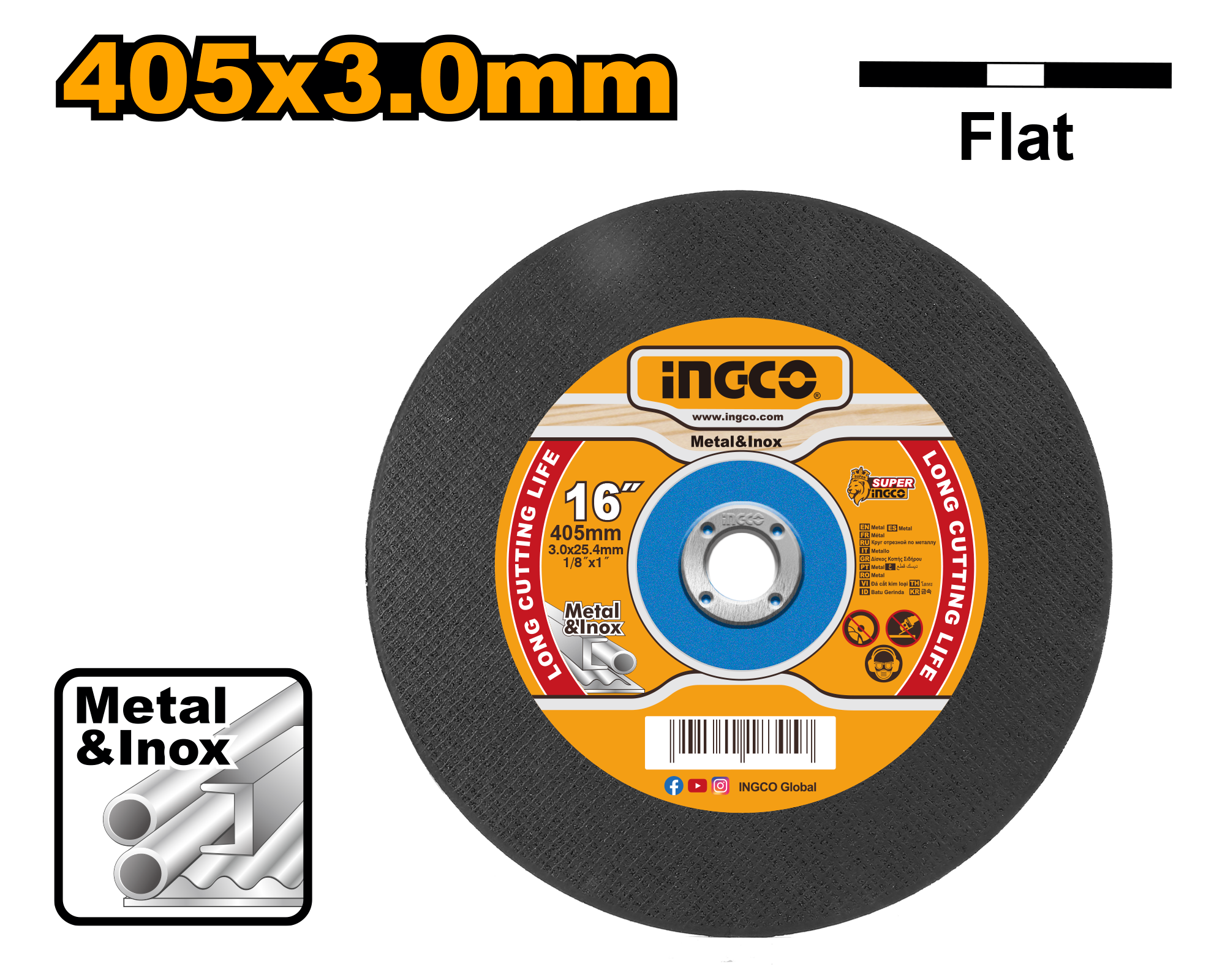 405 mm (16") x 3.0 mm (1/8") x 25.4 mm (1") flat centre cutting disc for metal. Packed by label.